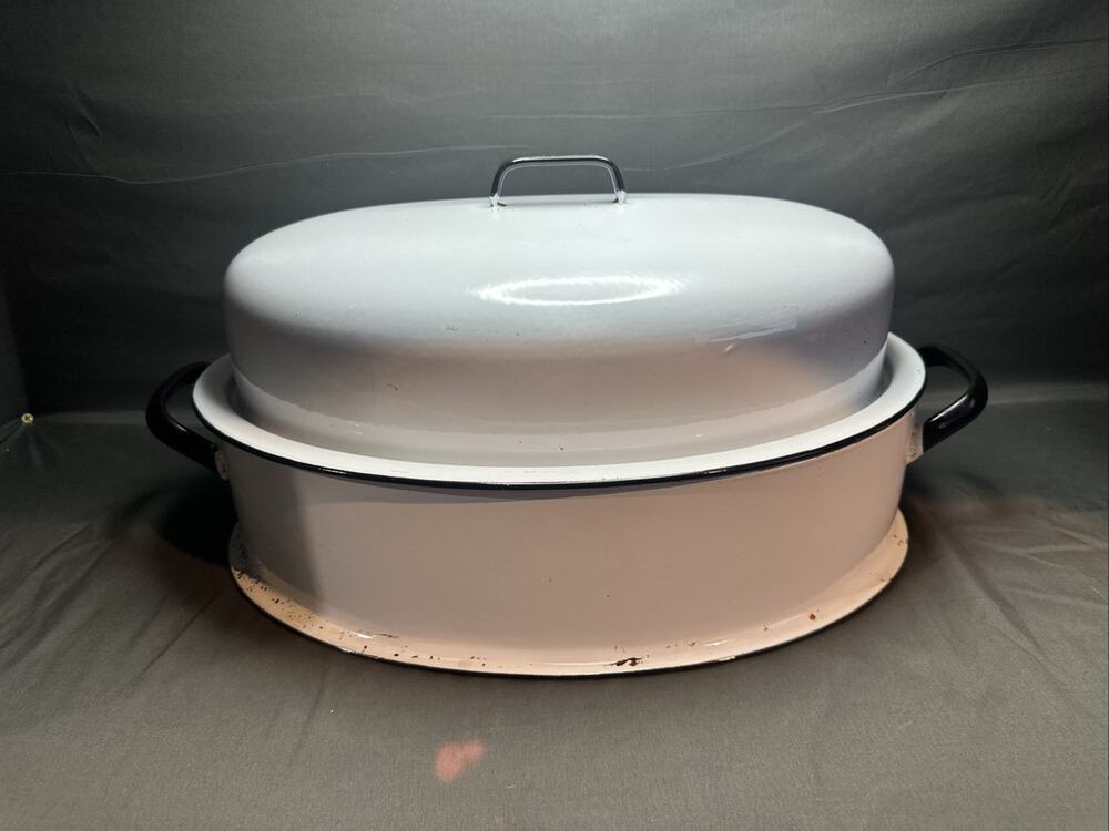 Vintage Enamel Roaster Pan w Lid 16”White & White Graniteware